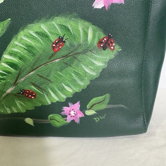 Nine West Green Tote Bag Hand Painted Ladybug Floral Leaf Purse Shoulder Satchel - Picture 4 of 16
